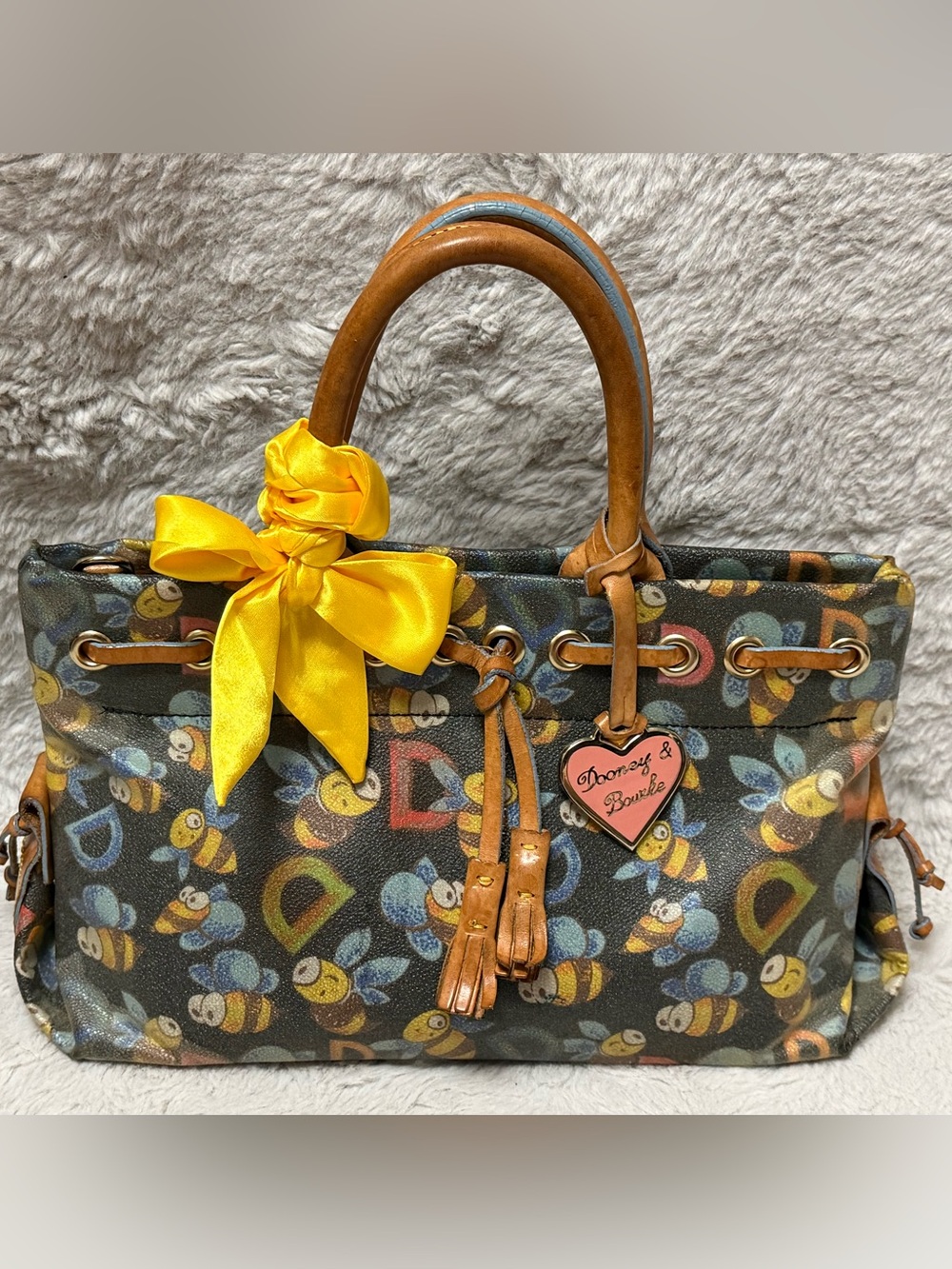 Dooney & Bourke Black Bee Print Satchel with Yellow Bow - Picture 3 of 9